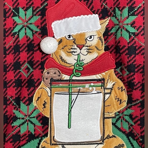 β¨ Ugly Christmas Cat Sweater Mens Festive Plaid Holiday Knit Large β¨ - Picture 4 of 7